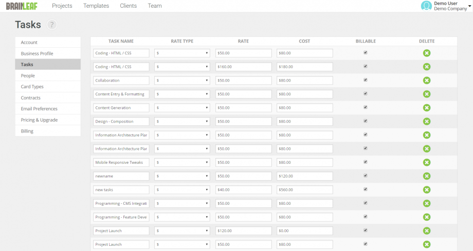 Edit tasks, costs and rates